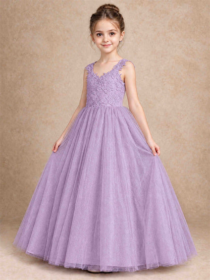 V Neck Lace Applique Sleeveless Tulle Floor Length Formal Gown for Wedding First Communion