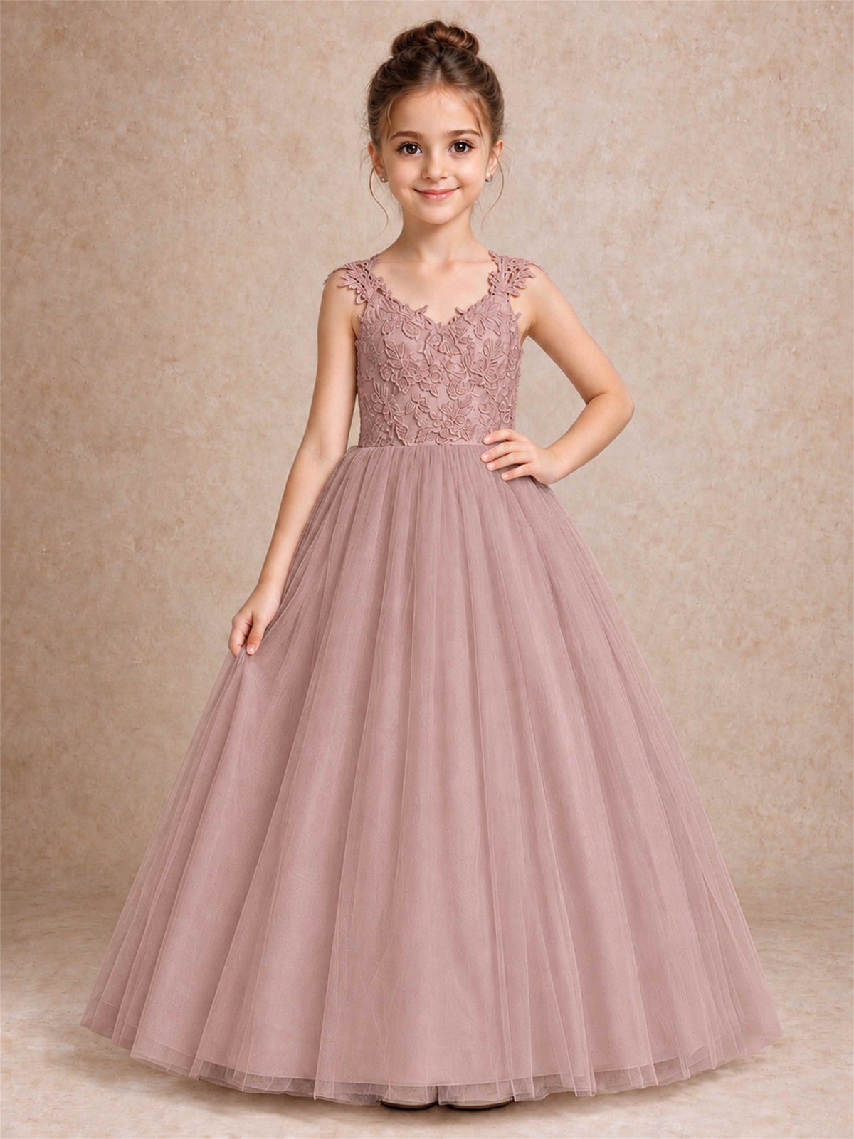 V Neck Lace Applique Sleeveless Tulle Floor Length Formal Gown for Wedding First Communion