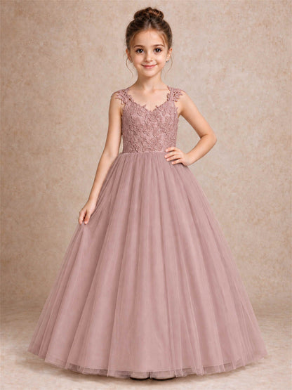 V Neck Lace Applique Sleeveless Tulle Floor Length Formal Gown for Wedding First Communion