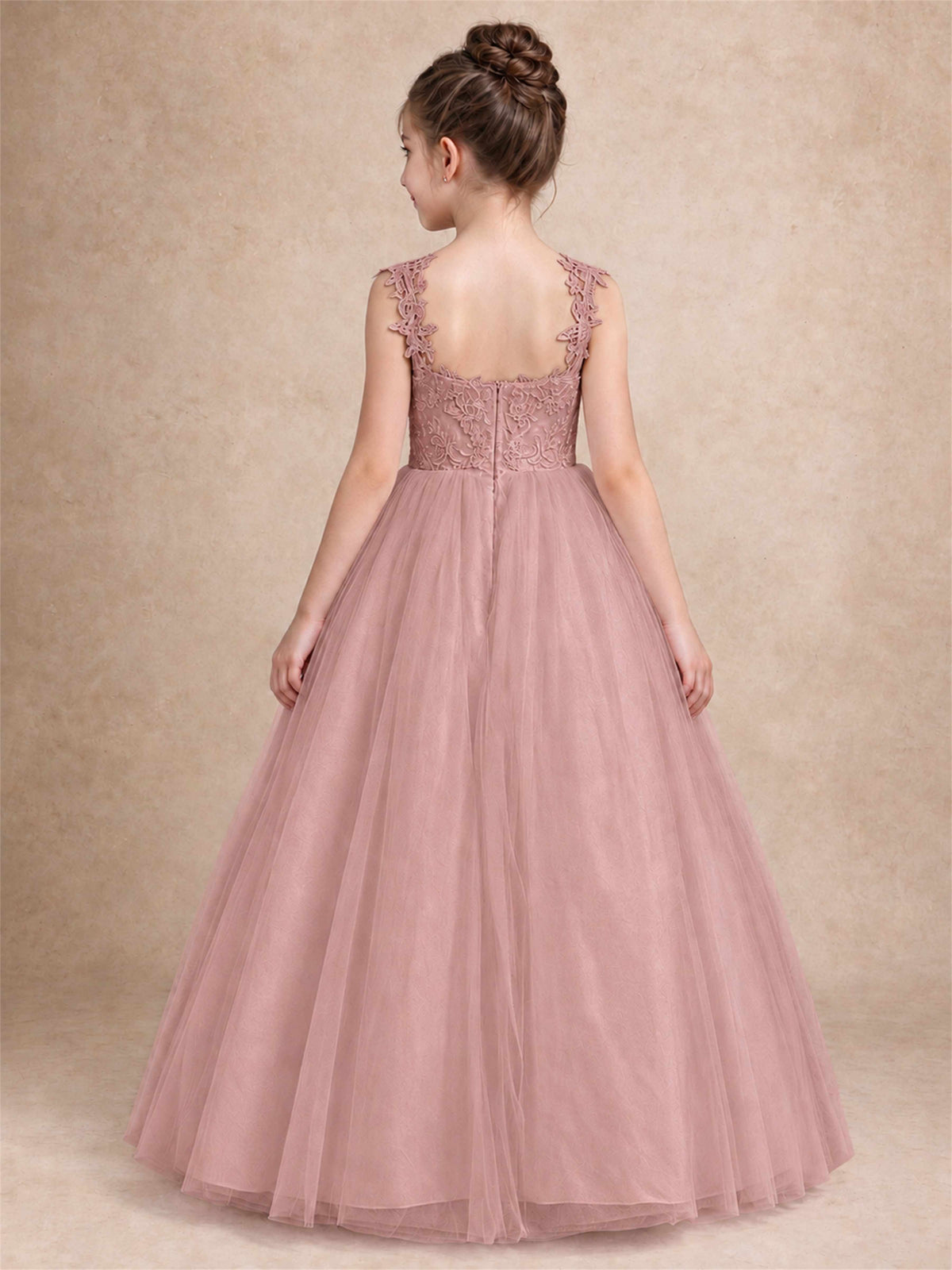 V Neck Lace Applique Sleeveless Tulle Floor Length Formal Gown for Wedding First Communion