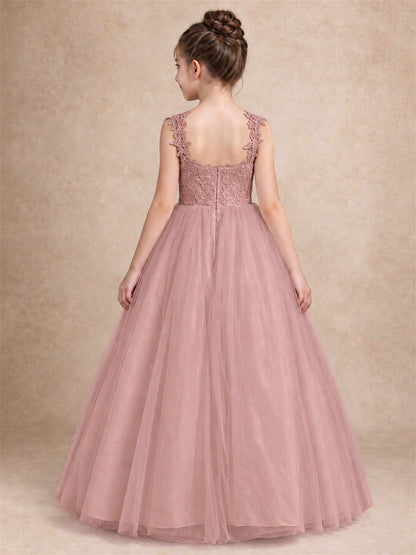 V Neck Lace Applique Sleeveless Tulle Floor Length Formal Gown for Wedding First Communion