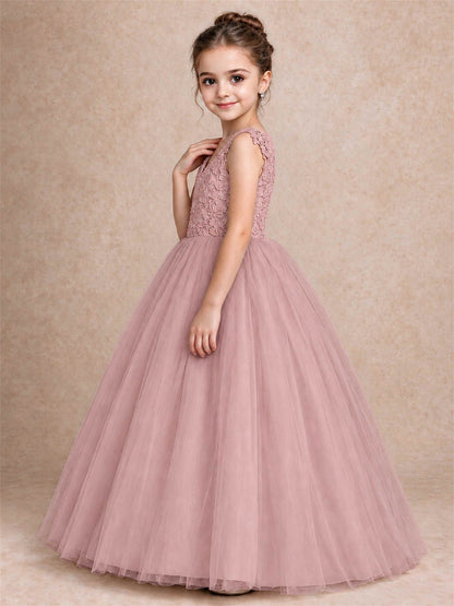 V Neck Lace Applique Sleeveless Tulle Floor Length Formal Gown for Wedding First Communion
