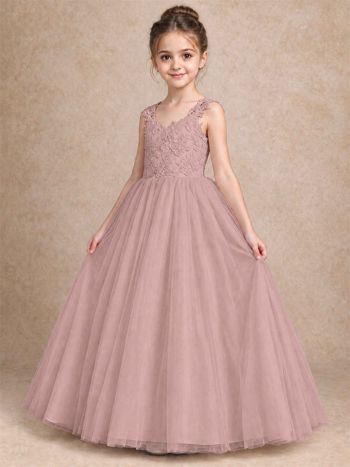 V Neck Lace Applique Sleeveless Tulle Floor Length Formal Gown for Wedding First Communion