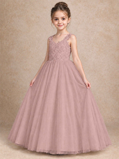V Neck Lace Applique Sleeveless Tulle Floor Length Formal Gown for Wedding First Communion