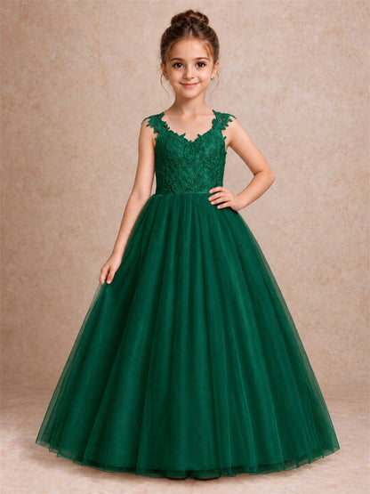 V Neck Lace Applique Sleeveless Tulle Floor Length Formal Gown for Wedding First Communion