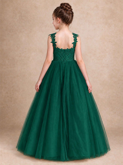 V Neck Lace Applique Sleeveless Tulle Floor Length Formal Gown for Wedding First Communion
