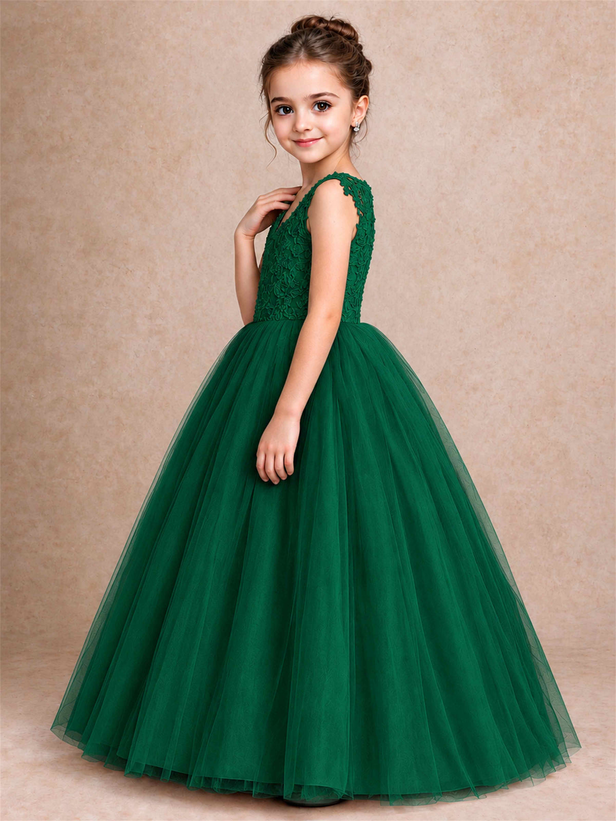 V Neck Lace Applique Sleeveless Tulle Floor Length Formal Gown for Wedding First Communion