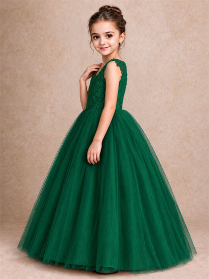 V Neck Lace Applique Sleeveless Tulle Floor Length Formal Gown for Wedding First Communion