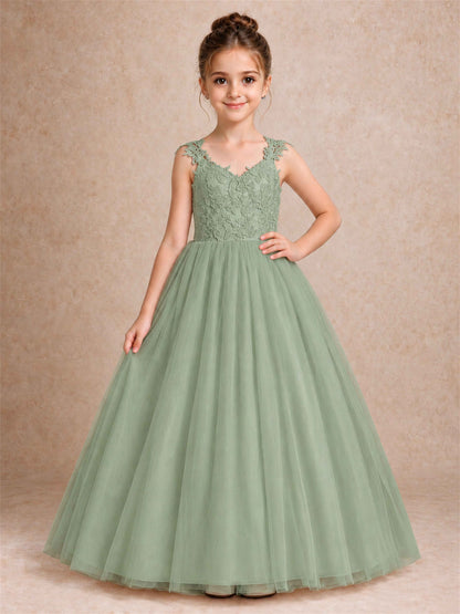 V Neck Lace Applique Sleeveless Tulle Floor Length Formal Gown for Wedding First Communion