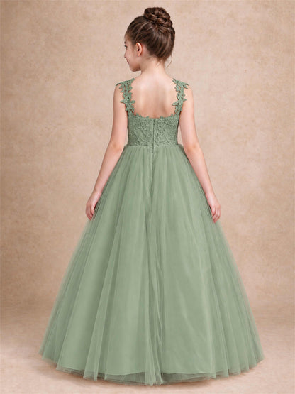 V Neck Lace Applique Sleeveless Tulle Floor Length Formal Gown for Wedding First Communion