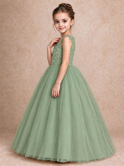 V Neck Lace Applique Sleeveless Tulle Floor Length Formal Gown for Wedding First Communion