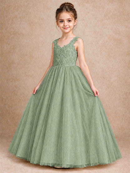 V Neck Lace Applique Sleeveless Tulle Floor Length Formal Gown for Wedding First Communion