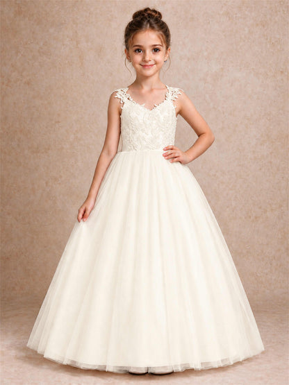V Neck Lace Applique Sleeveless Tulle Floor Length Formal Gown for Wedding First Communion