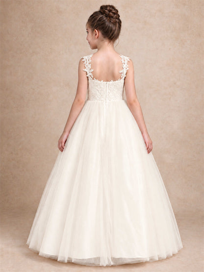 V Neck Lace Applique Sleeveless Tulle Floor Length Formal Gown for Wedding First Communion