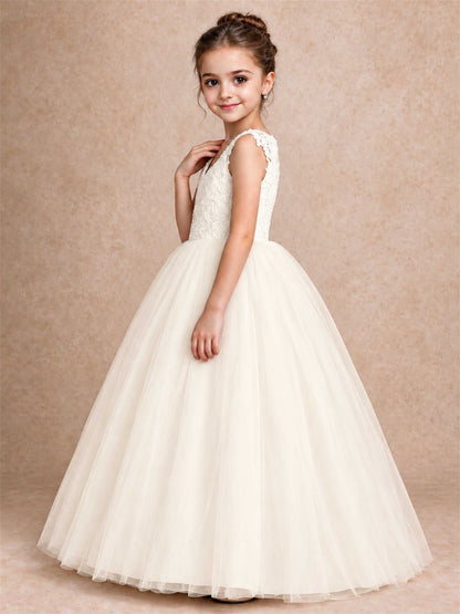 V Neck Lace Applique Sleeveless Tulle Floor Length Formal Gown for Wedding First Communion