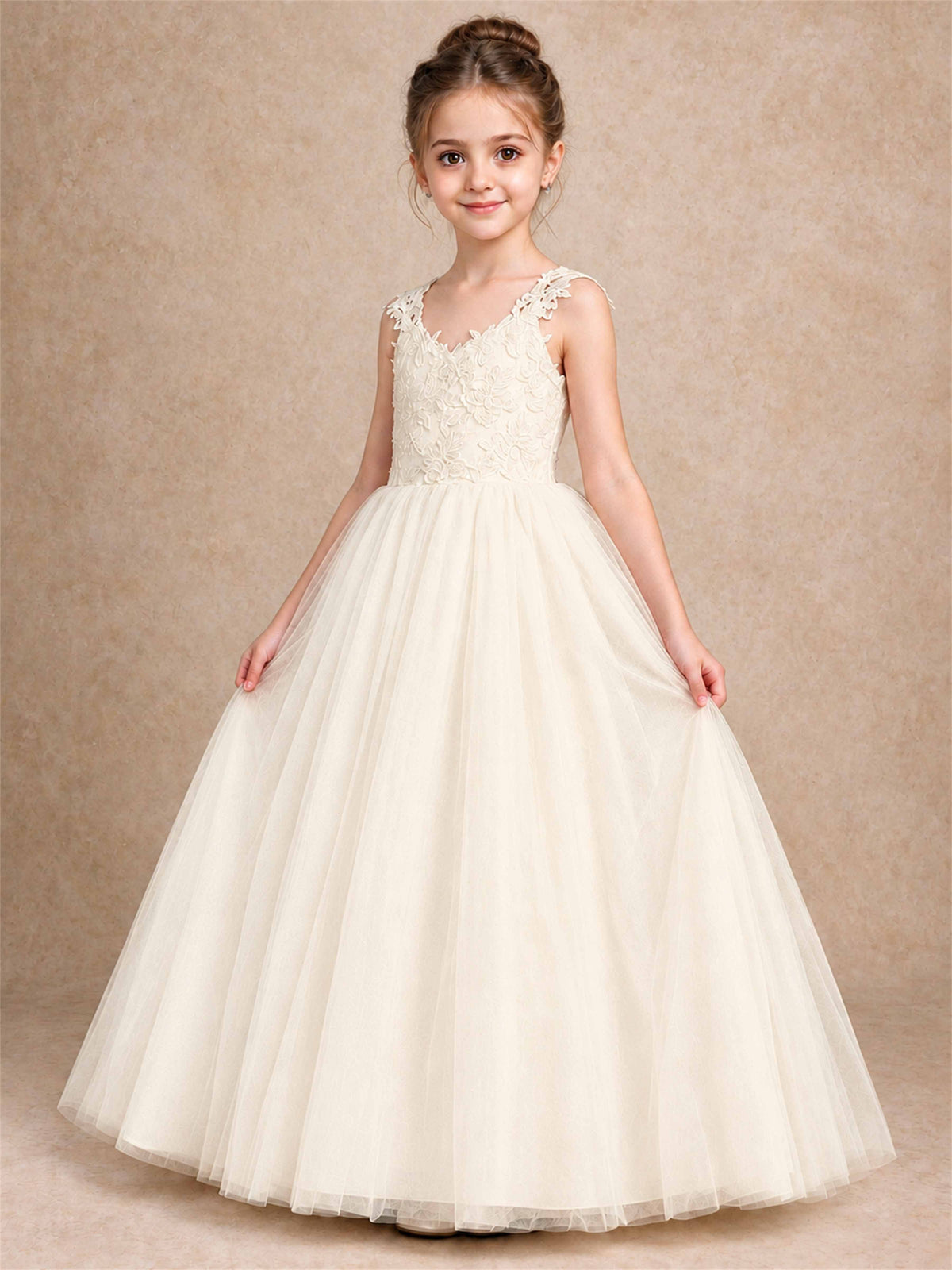 V Neck Lace Applique Sleeveless Tulle Floor Length Formal Gown for Wedding First Communion