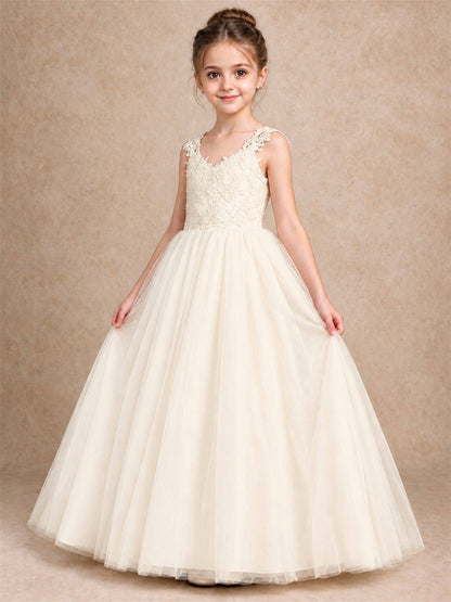 V Neck Lace Applique Sleeveless Tulle Floor Length Formal Gown for Wedding First Communion