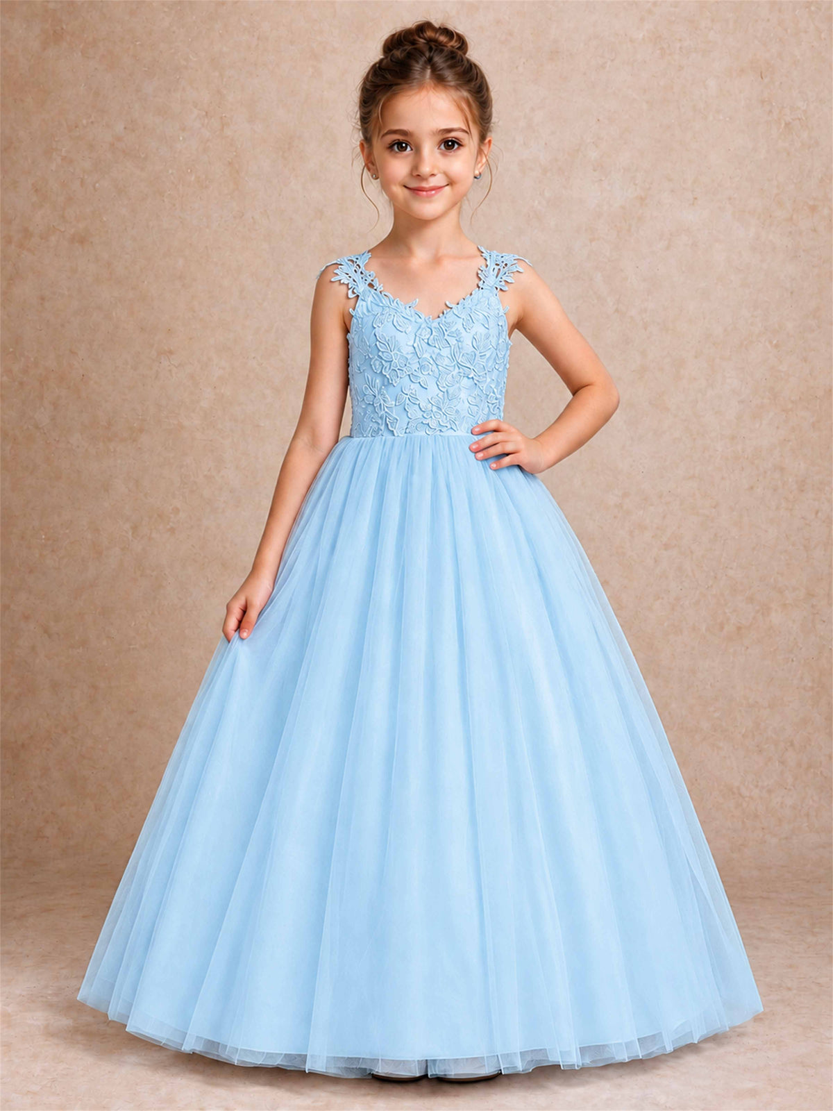 V Neck Lace Applique Sleeveless Tulle Floor Length Formal Gown for Wedding First Communion