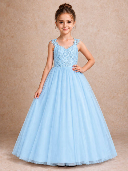 V Neck Lace Applique Sleeveless Tulle Floor Length Formal Gown for Wedding First Communion