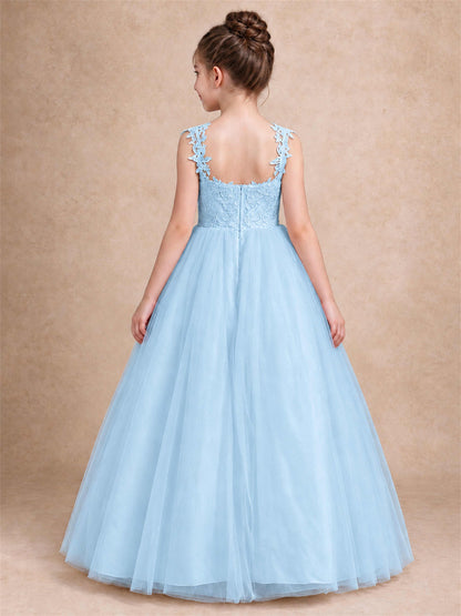 V Neck Lace Applique Sleeveless Tulle Floor Length Formal Gown for Wedding First Communion