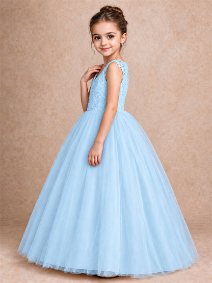V Neck Lace Applique Sleeveless Tulle Floor Length Formal Gown for Wedding First Communion