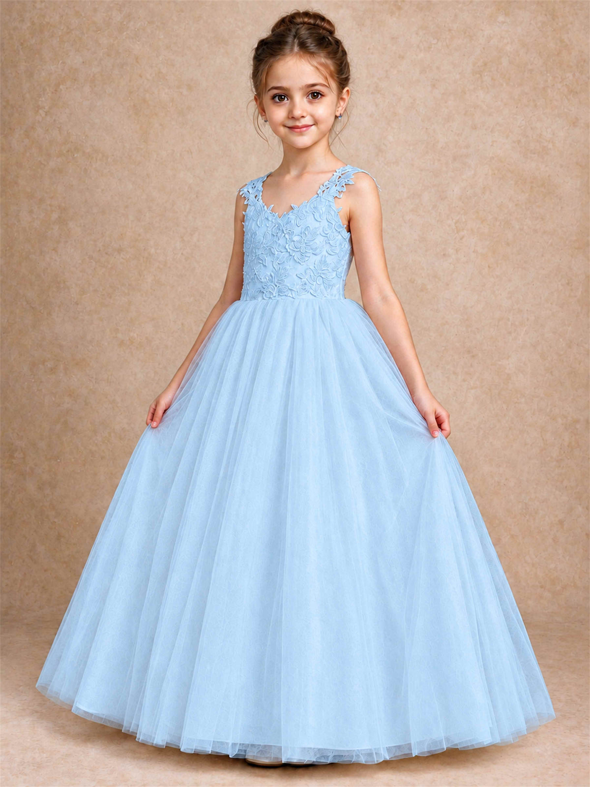 V Neck Lace Applique Sleeveless Tulle Floor Length Formal Gown for Wedding First Communion