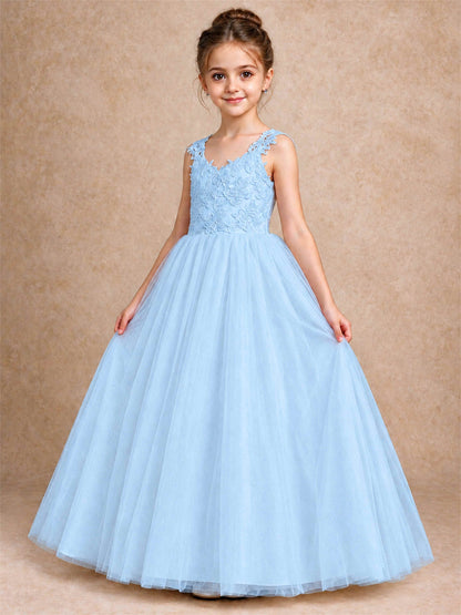 V Neck Lace Applique Sleeveless Tulle Floor Length Formal Gown for Wedding First Communion