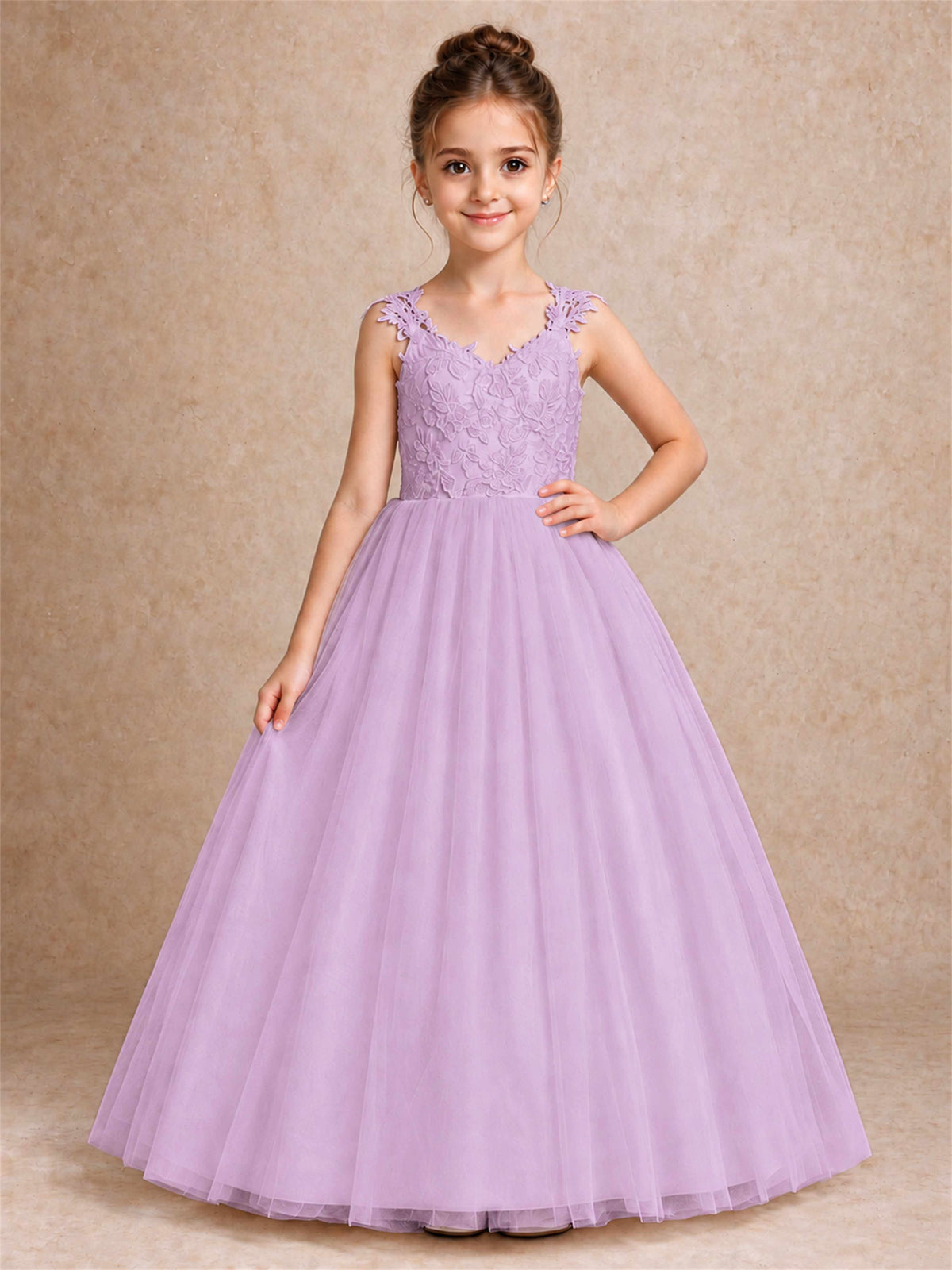 V Neck Lace Applique Sleeveless Tulle Floor Length Formal Gown for Wedding First Communion