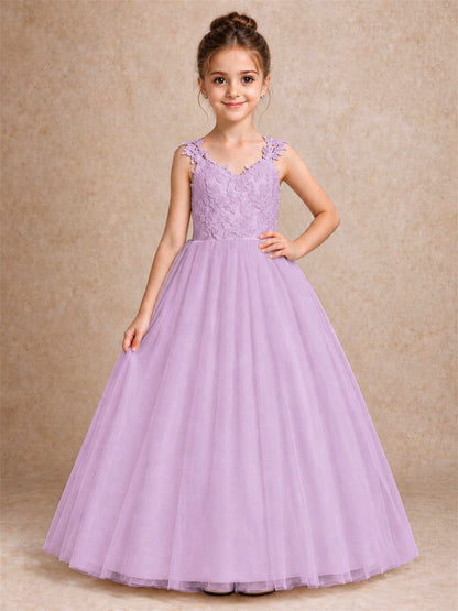 V Neck Lace Applique Sleeveless Tulle Floor Length Formal Gown for Wedding First Communion