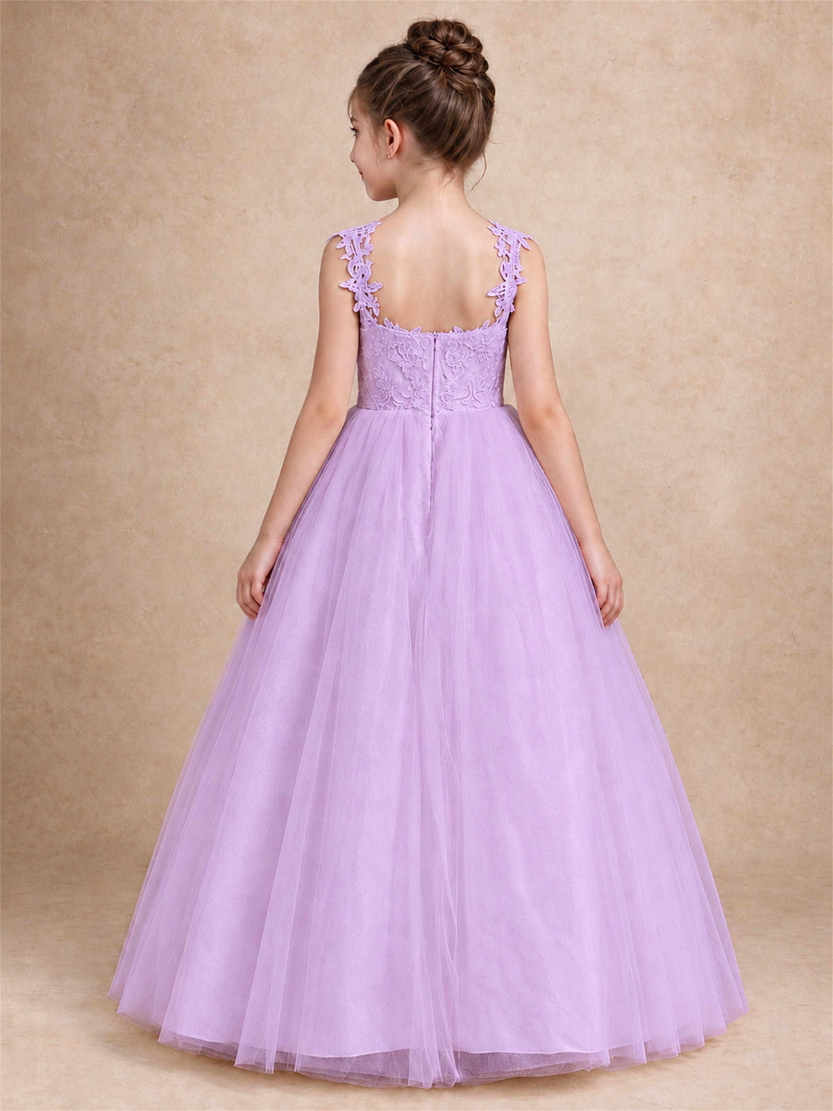 V Neck Lace Applique Sleeveless Tulle Floor Length Formal Gown for Wedding First Communion
