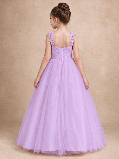 V Neck Lace Applique Sleeveless Tulle Floor Length Formal Gown for Wedding First Communion