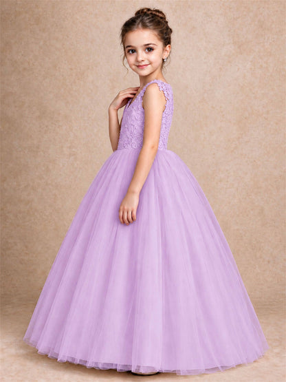 V Neck Lace Applique Sleeveless Tulle Floor Length Formal Gown for Wedding First Communion