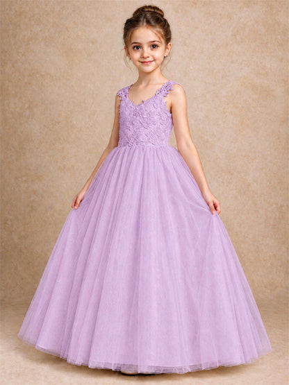V Neck Lace Applique Sleeveless Tulle Floor Length Formal Gown for Wedding First Communion