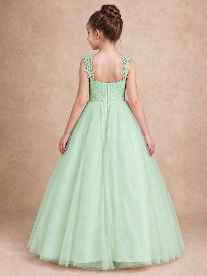 V Neck Lace Applique Sleeveless Tulle Floor Length Formal Gown for Wedding First Communion