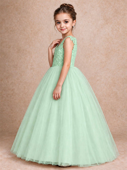 V Neck Lace Applique Sleeveless Tulle Floor Length Formal Gown for Wedding First Communion