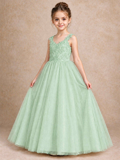 V Neck Lace Applique Sleeveless Tulle Floor Length Formal Gown for Wedding First Communion