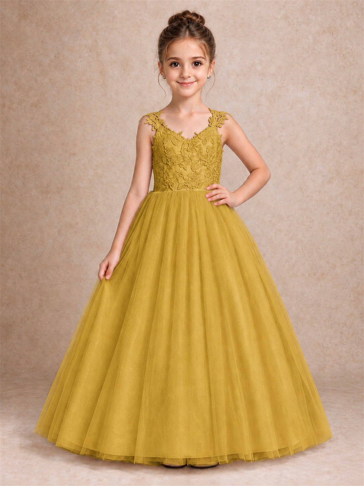 V Neck Lace Applique Sleeveless Tulle Floor Length Formal Gown for Wedding First Communion