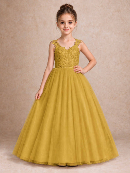 V Neck Lace Applique Sleeveless Tulle Floor Length Formal Gown for Wedding First Communion