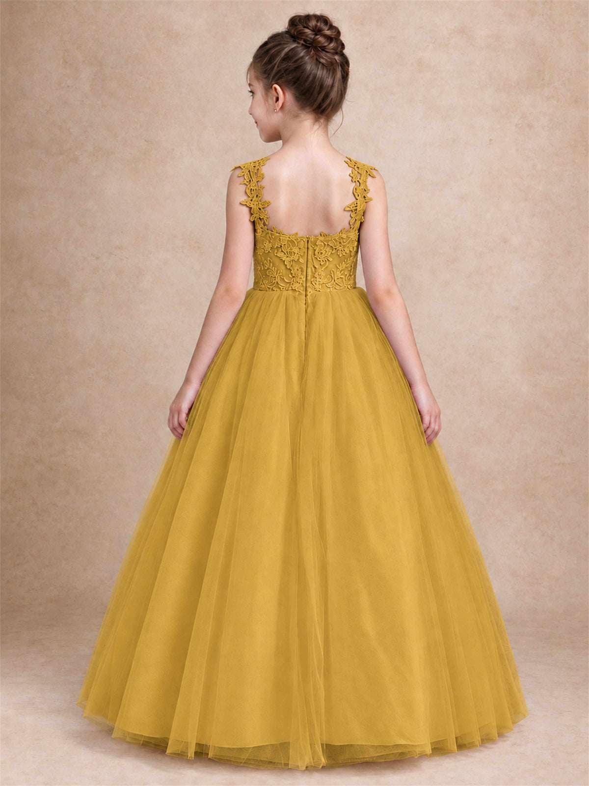 V Neck Lace Applique Sleeveless Tulle Floor Length Formal Gown for Wedding First Communion