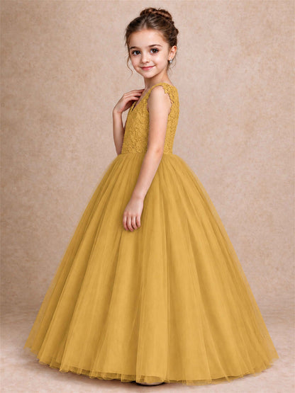 V Neck Lace Applique Sleeveless Tulle Floor Length Formal Gown for Wedding First Communion