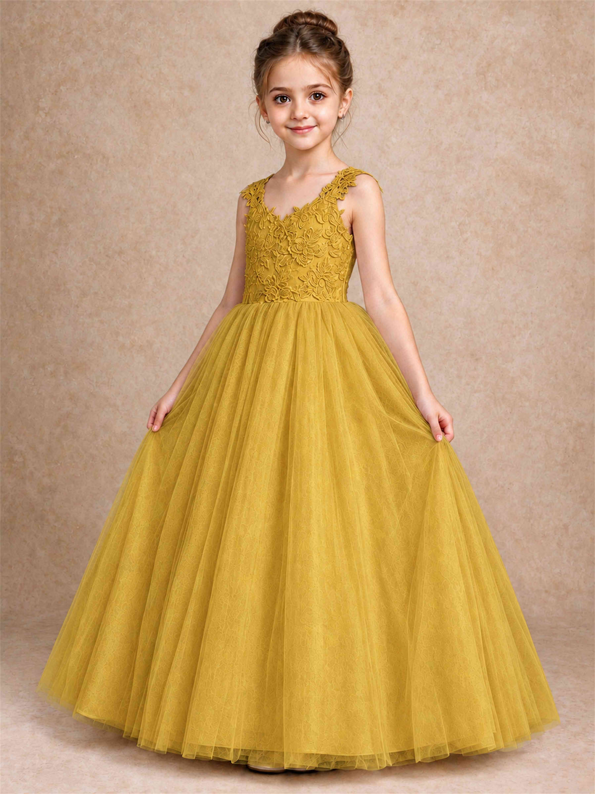 V Neck Lace Applique Sleeveless Tulle Floor Length Formal Gown for Wedding First Communion