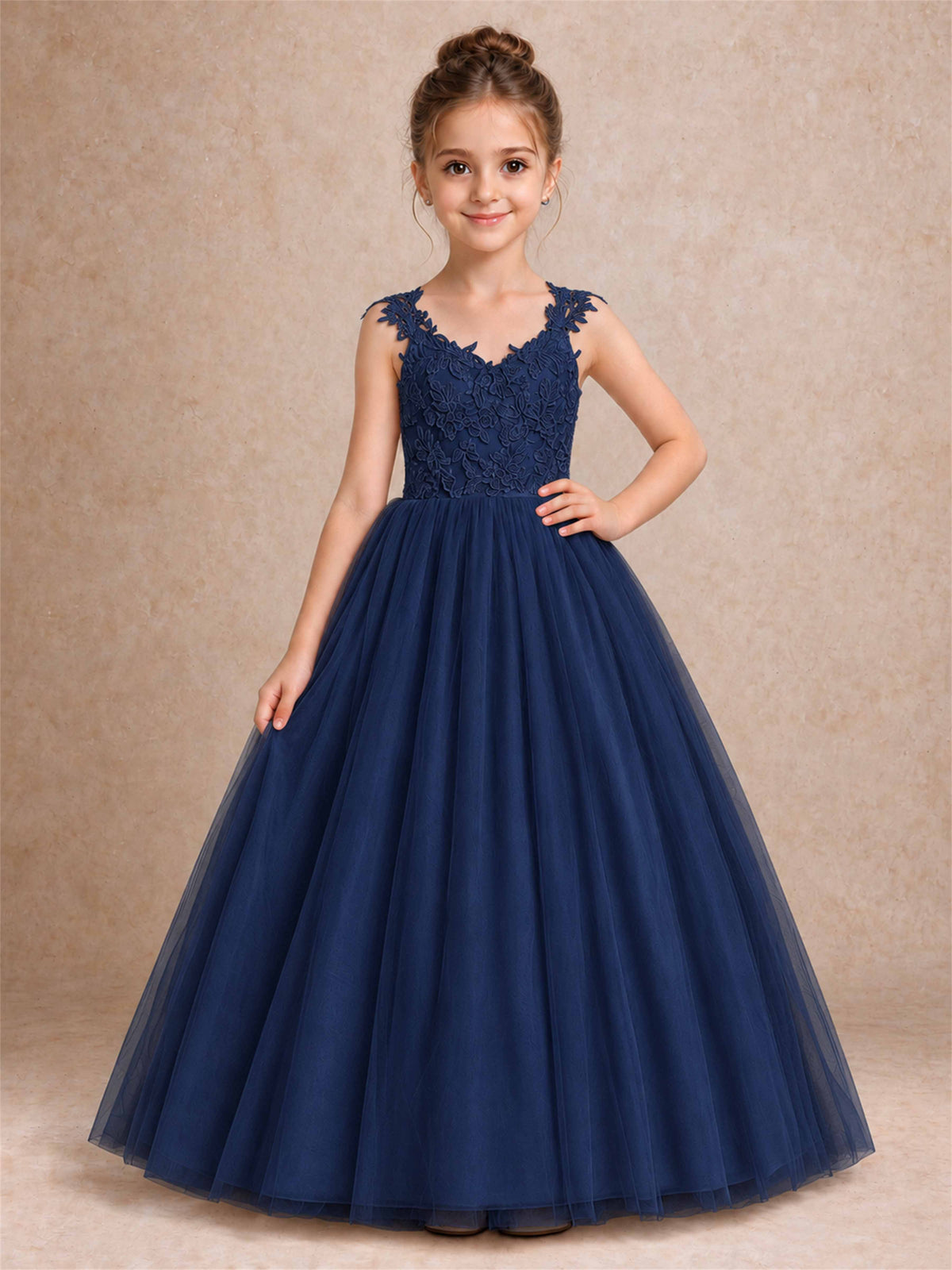 V Neck Lace Applique Sleeveless Tulle Floor Length Formal Gown for Wedding First Communion