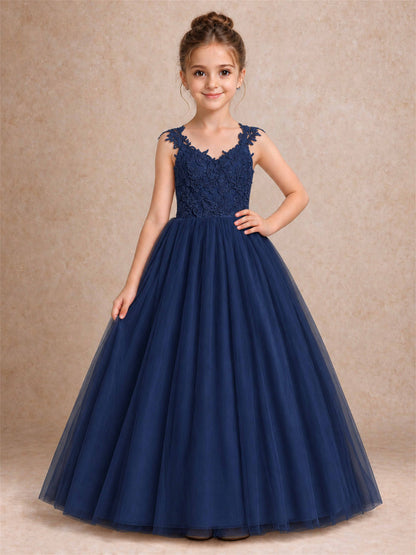 V Neck Lace Applique Sleeveless Tulle Floor Length Formal Gown for Wedding First Communion