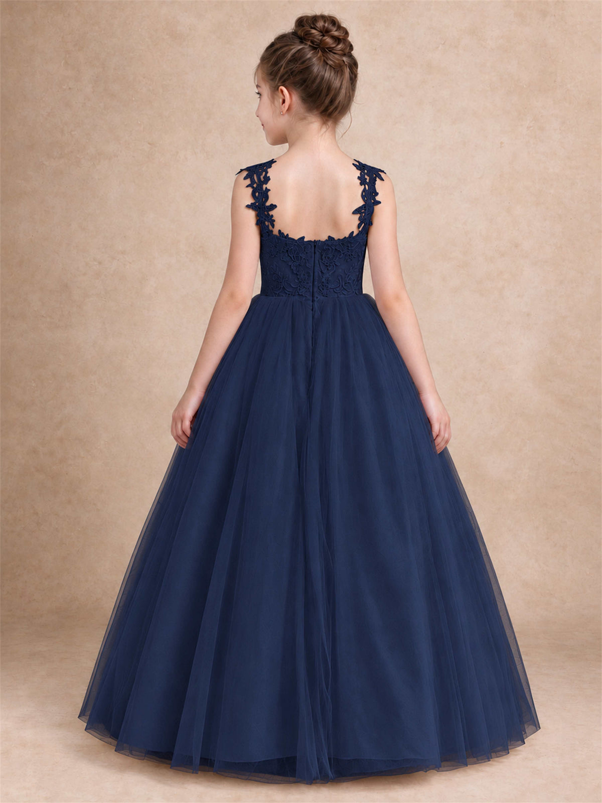 V Neck Lace Applique Sleeveless Tulle Floor Length Formal Gown for Wedding First Communion