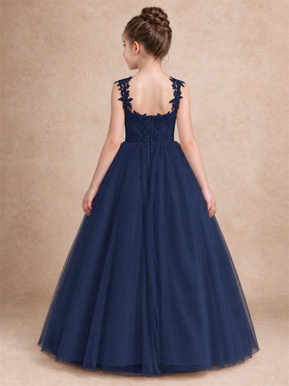 V Neck Lace Applique Sleeveless Tulle Floor Length Formal Gown for Wedding First Communion