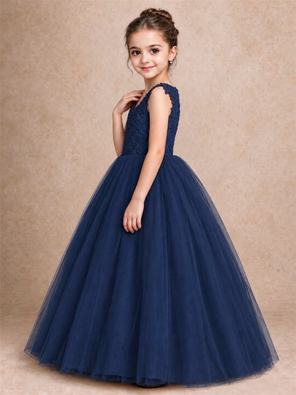 V Neck Lace Applique Sleeveless Tulle Floor Length Formal Gown for Wedding First Communion
