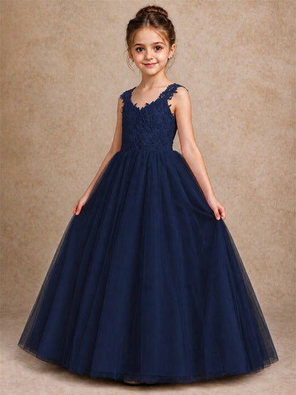 V Neck Lace Applique Sleeveless Tulle Floor Length Formal Gown for Wedding First Communion