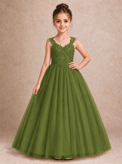 V Neck Lace Applique Sleeveless Tulle Floor Length Formal Gown for Wedding First Communion