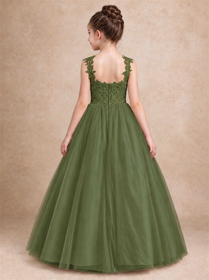 V Neck Lace Applique Sleeveless Tulle Floor Length Formal Gown for Wedding First Communion