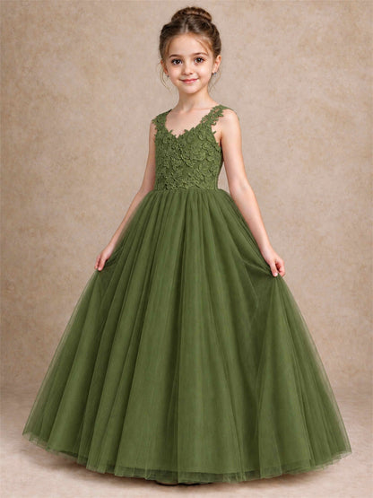 V Neck Lace Applique Sleeveless Tulle Floor Length Formal Gown for Wedding First Communion